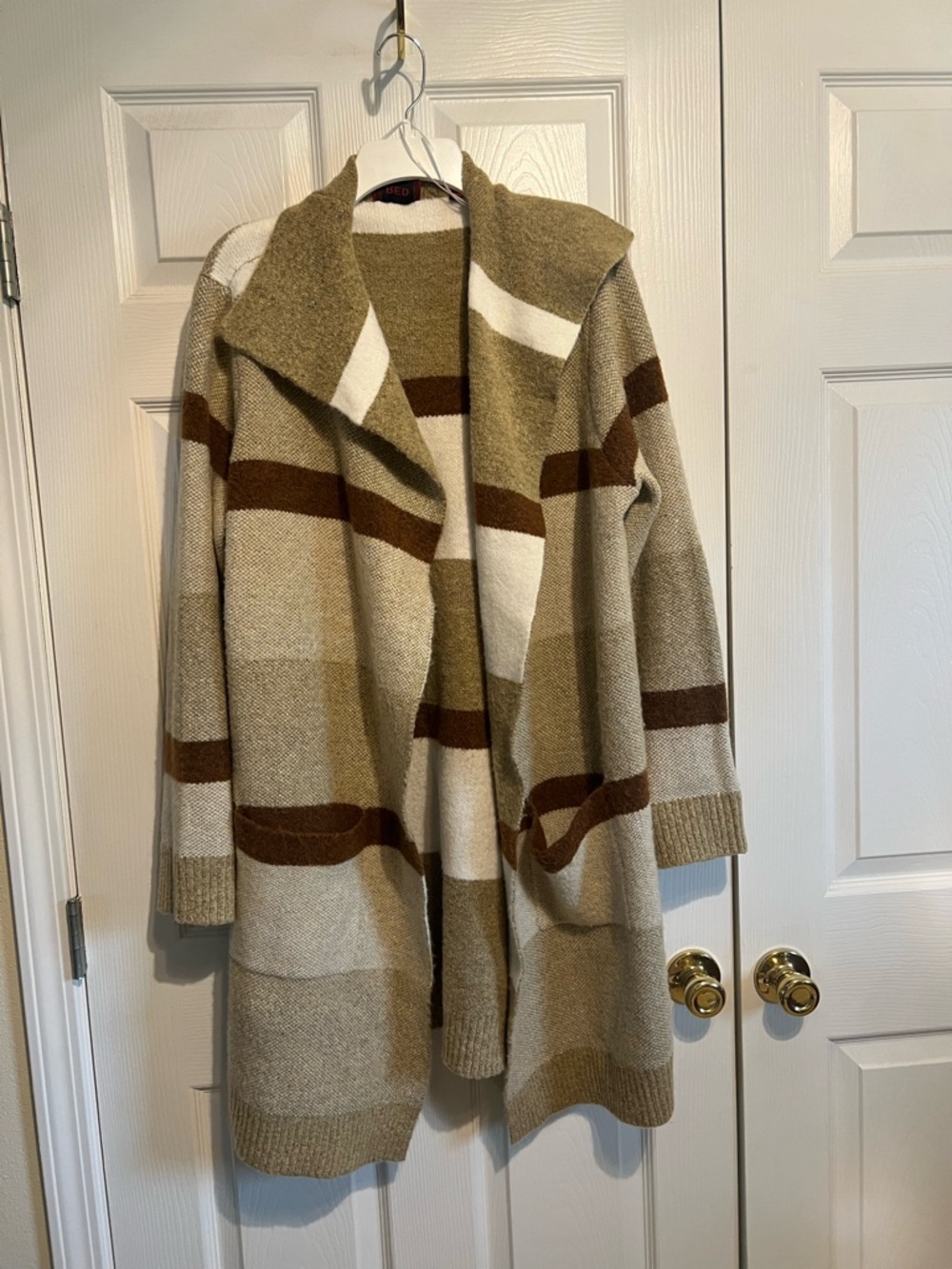 Red Open-Front Striped Long Cardigan Sweater - Cream, Brown & Tan